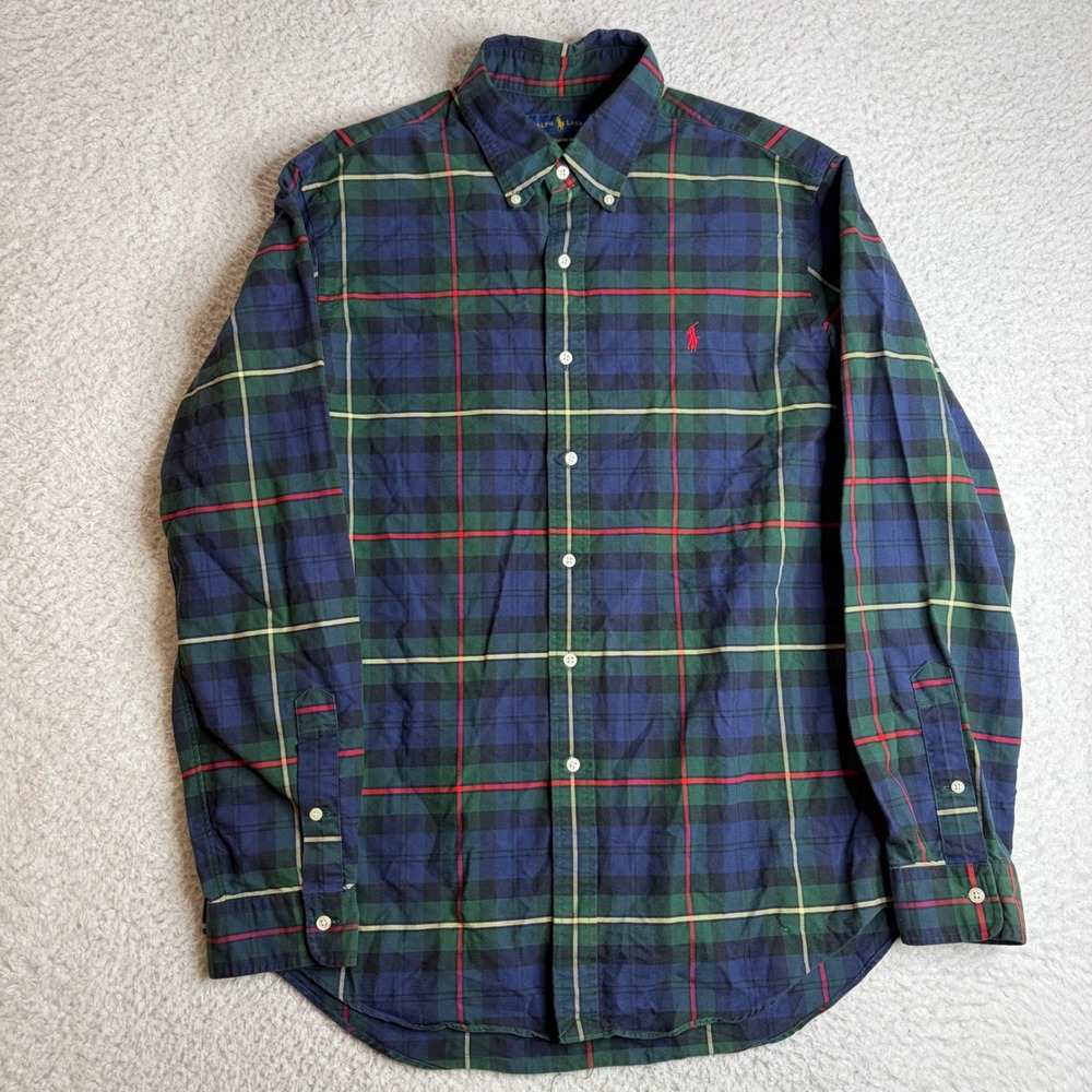 Polo Ralph Lauren Mens Large Classic Fit Plaid Button Down Shirt Navy Green Red